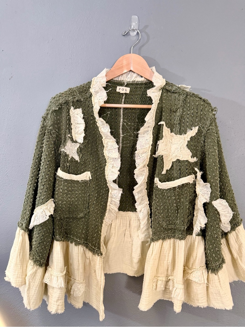 NWOT. POL Olive Green & Cream Ruffled Lace-Trim Jacket